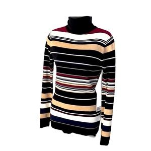 BISHOP+YOUNG burgundy, tan, white & black striped turtleneck, Medium NWT